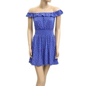 Lilly Pulitzer Off-The-Shoulder Mini Dress Printed Smocked Ruffle Blue S 282422